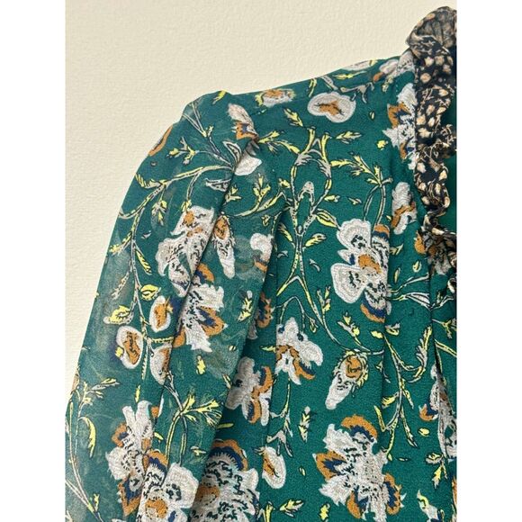 ALLISON NEW YORK Emerald Green Floral Print Tassel Tie Blouse, Sz S - Picture 3 of 12